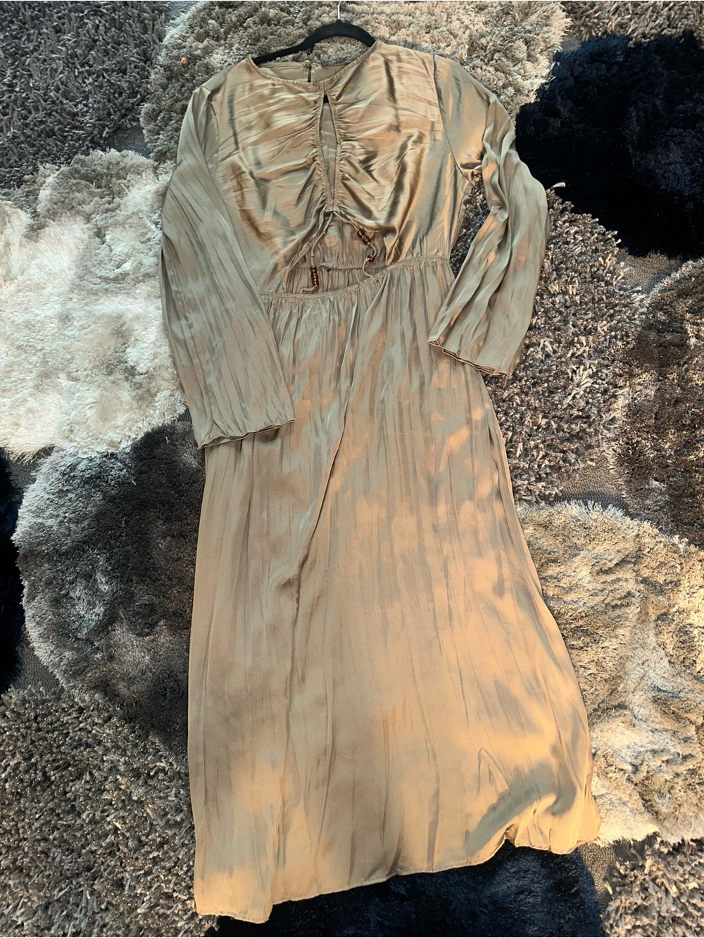 ZARA Satin Ruched Cutout Maxi Dress Beaded Tie Long Sleeve L